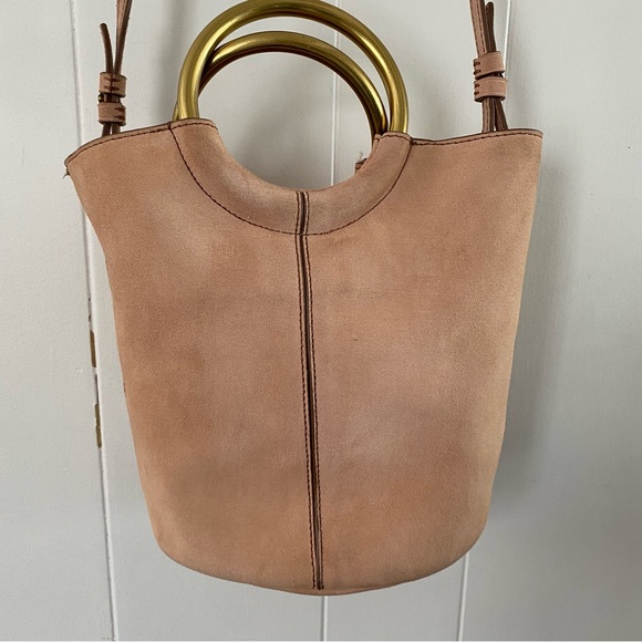 J Crew Blush Pink Suede Bracelet Bucket Crossbody Gold Italian Leather Frankie - Picture 4 of 16